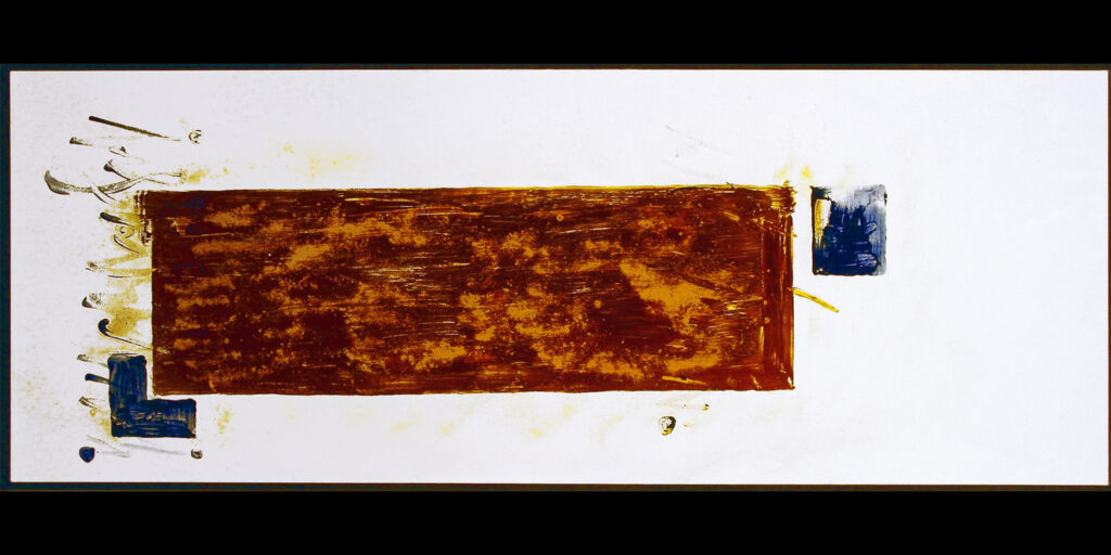 Abstract painting with brown, yellow and blue opalescent vitreous