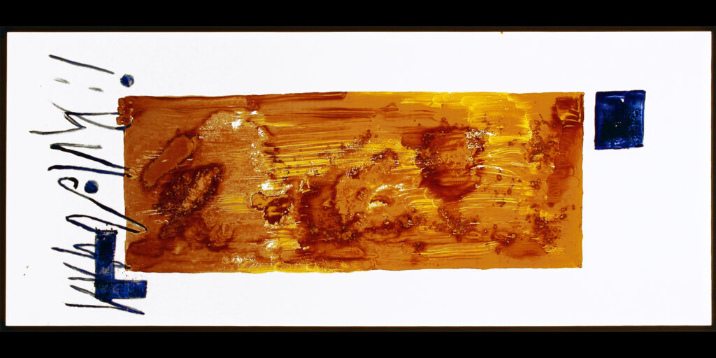 Abstract painting with orange, yellow and blue opalescent vitreous