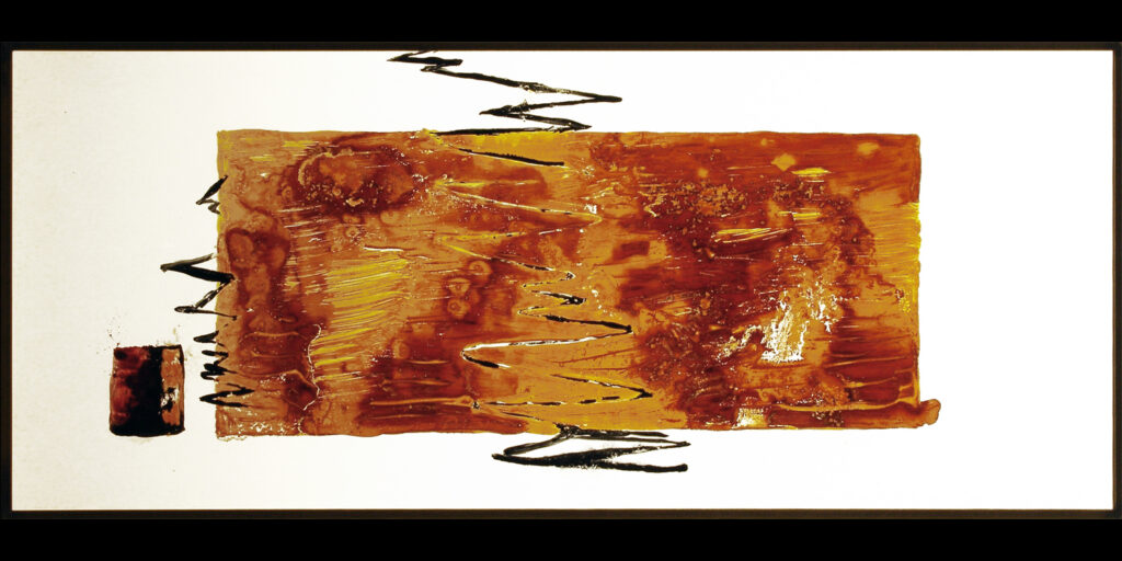 Abstract painting with orange, yellow and brown opalescent vitreous