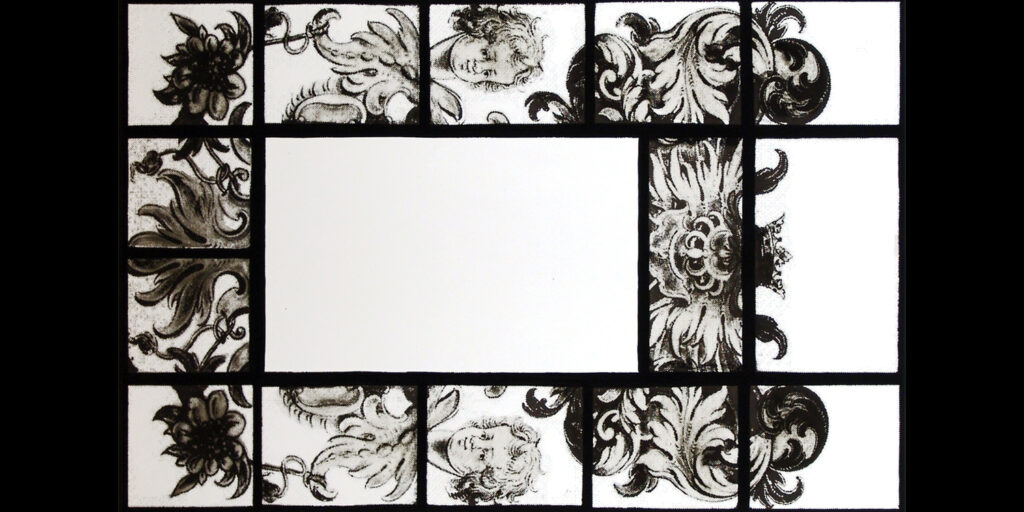 Clear glass rectangles with black solder drawing and beige shading ...